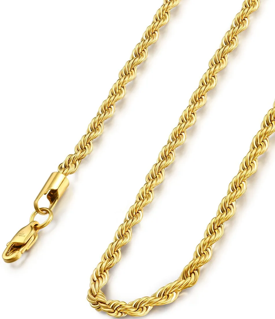 18k Gold Plated Stainless Steel Men's Women's Twist Rope Chain Necklace, 16-36 Inches