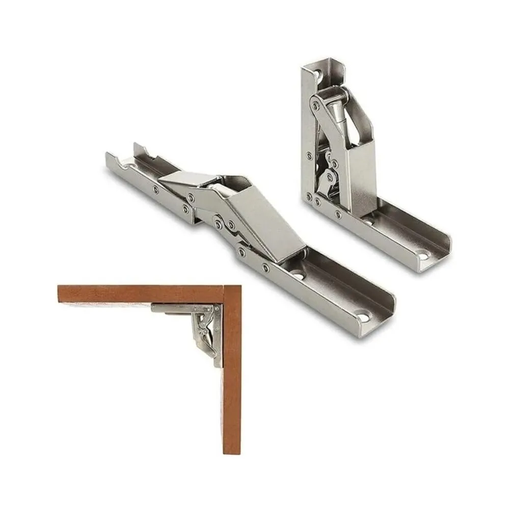 2PCS Self-Locking Folding Hinges for Cabinets, 90/180 Degree Adjustable Brackets, Silver Steel