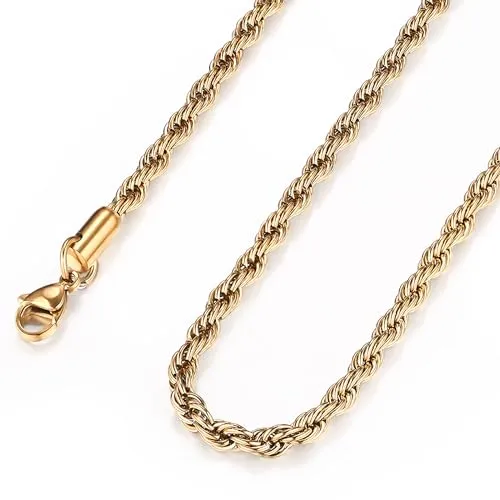 316L Stainless Steel Twist Chain Necklace for Men Women 2.5mm/3mm/4mm Wide Silver/Gold/Black