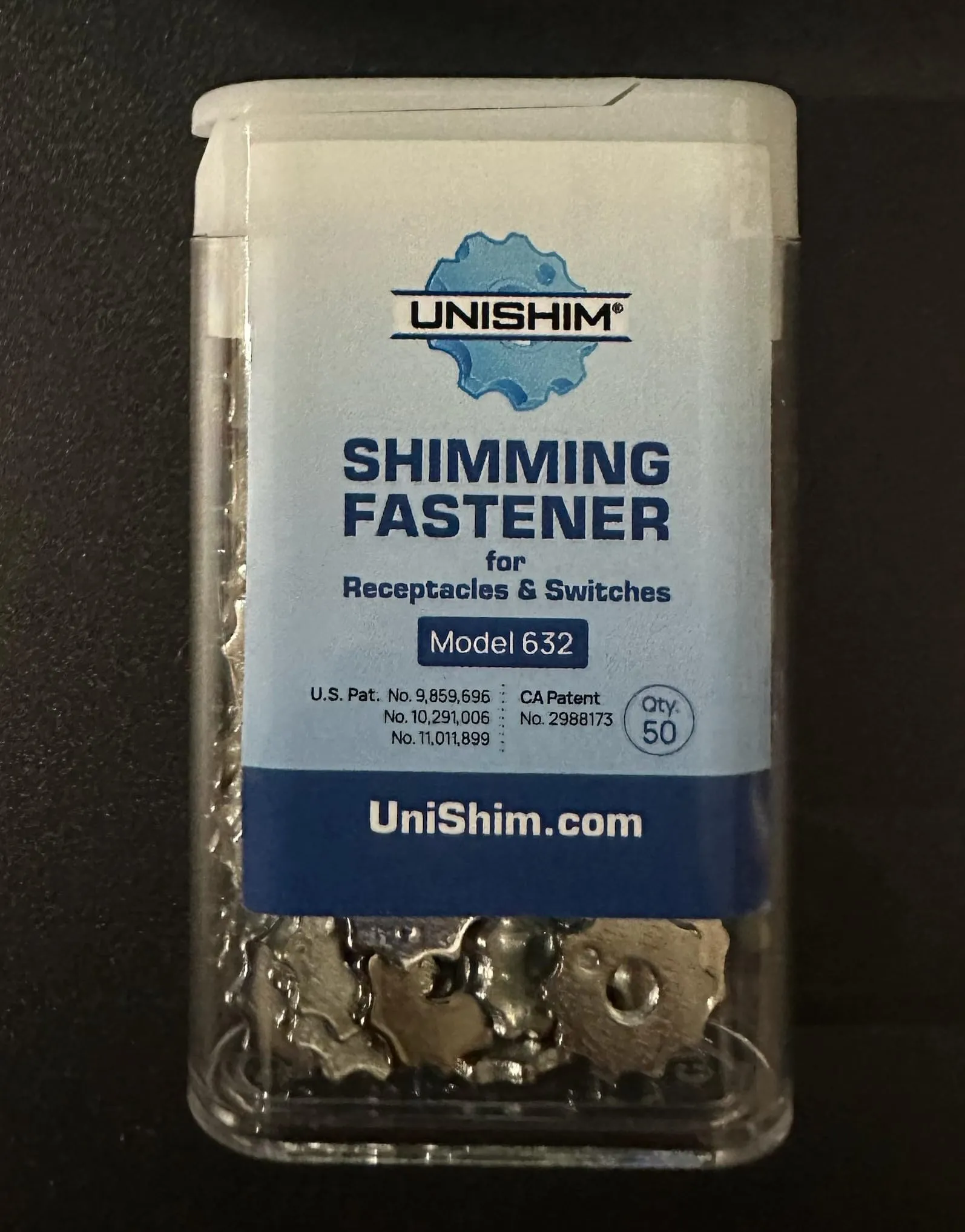 Electrical Shimming Fastener 50pk UniShim for Precise Positioning of Receptacles & Switches