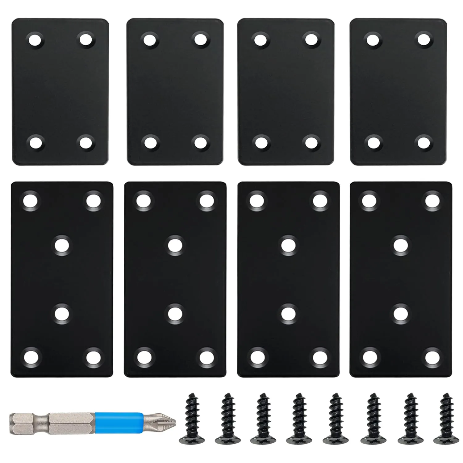 QSJ 8 Pack Black Flat Mending Plates 3.15x1.57'' & 2.36x1.49'', Stainless Steel Bracket Set