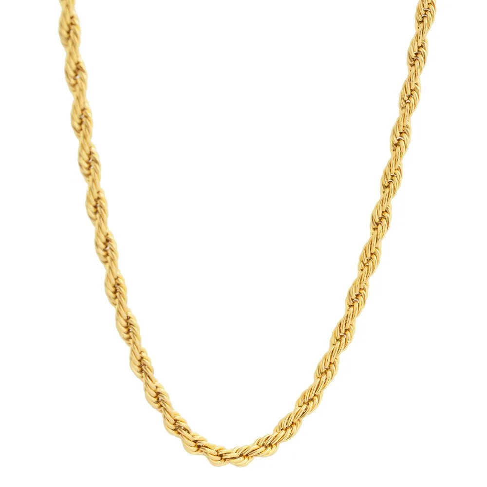 Stainless Steel 4mm Twist Rope Chain Necklace, 22'-28' Length, 18k Gold Plated, Hypoallergenic